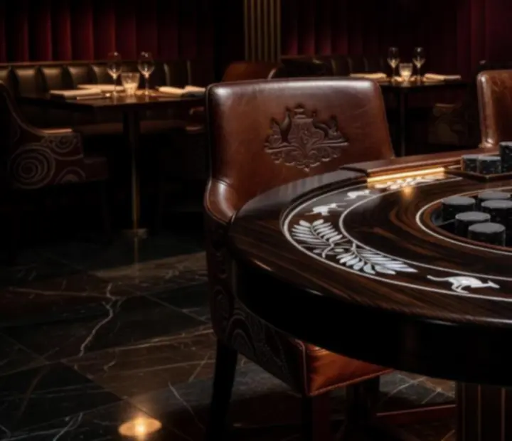 Designer poker table with leather seating and architectural lighting at TheKitchenTablle