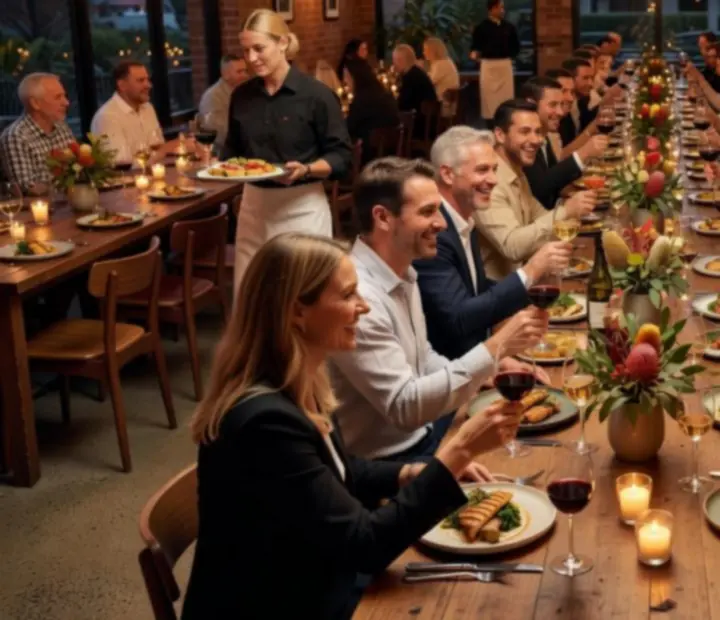 Atmospheric dining event with guests toasting at candlelit tables in a warm evening setting