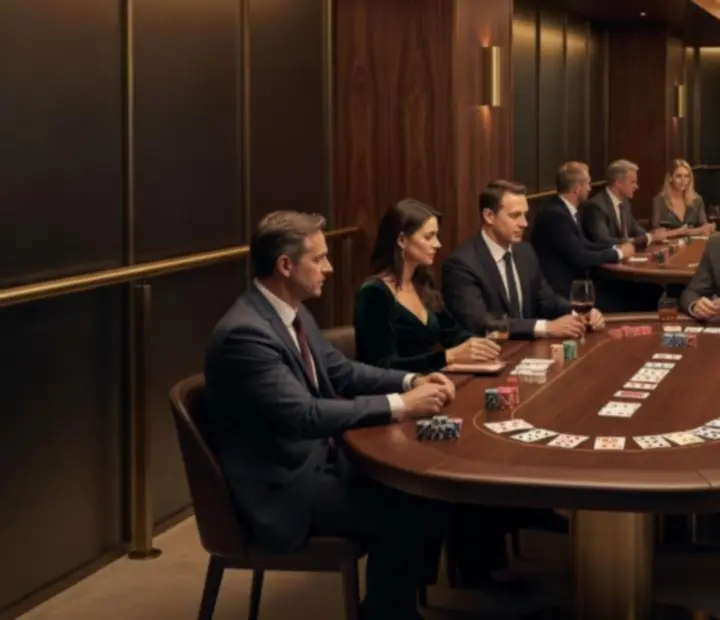 Cinematic evening poker lounge with guests enjoying play-money poker at TheKitchenTablle