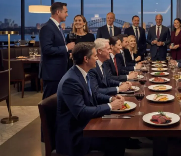 Corporate dining event with executives seated around a refined table and poker lounge nearby