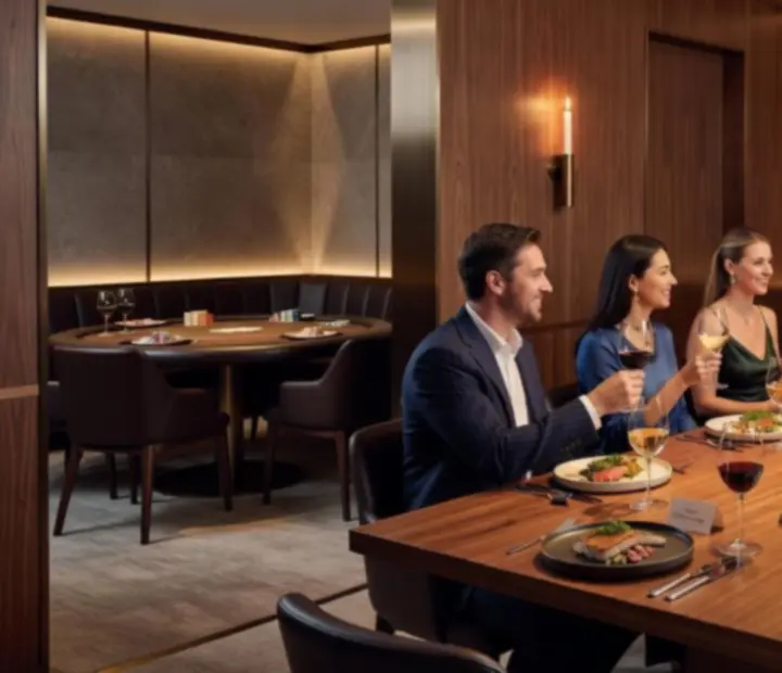 Intimate private celebration dinner with candlelit tables and elegant decor