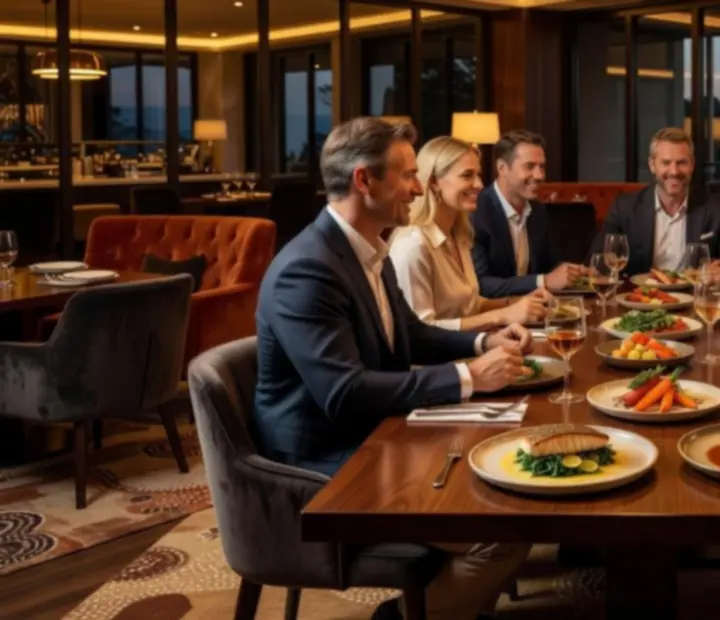 Cinematic evening at an Australian fine dining restaurant with guests enjoying dinner and cocktails