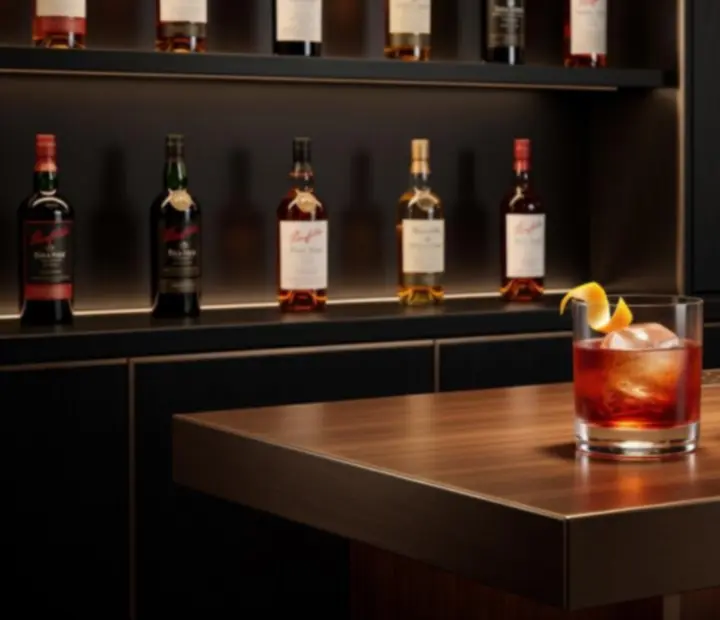 Curated cocktails and wine glasses on a dark timber bar at TheKitchenTablle