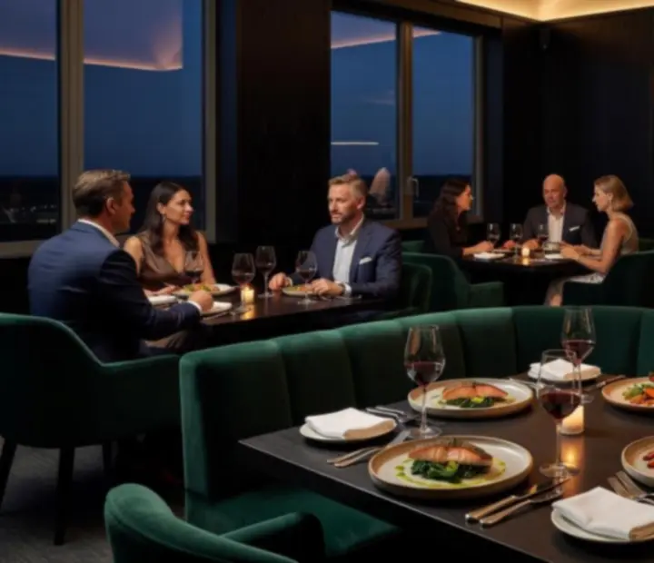Cinematic evening scene at TheKitchenTablle featuring plated modern Australian dishes and an elegant poker table
