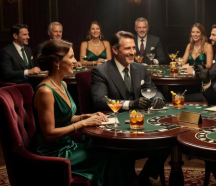 Group of guests gathered around a poker table sharing a relaxed social game