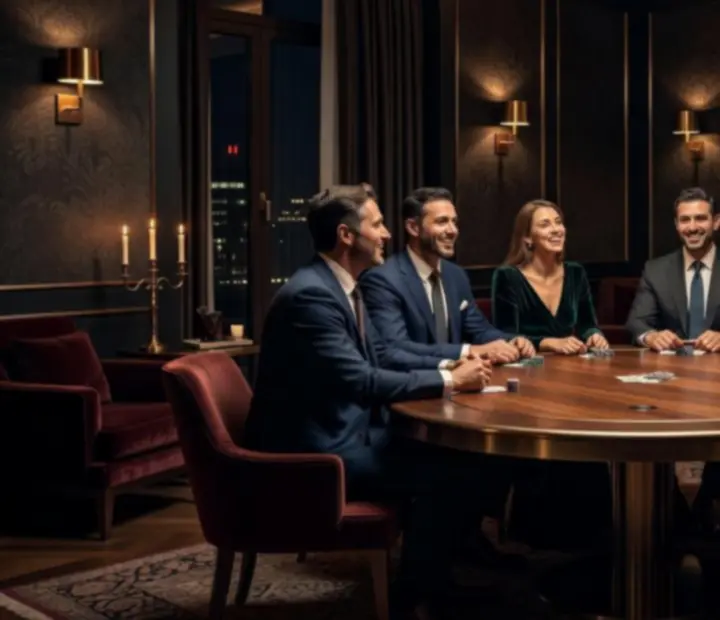 Exclusive offline poker evening in a luxurious lounge with guests enjoying the experience