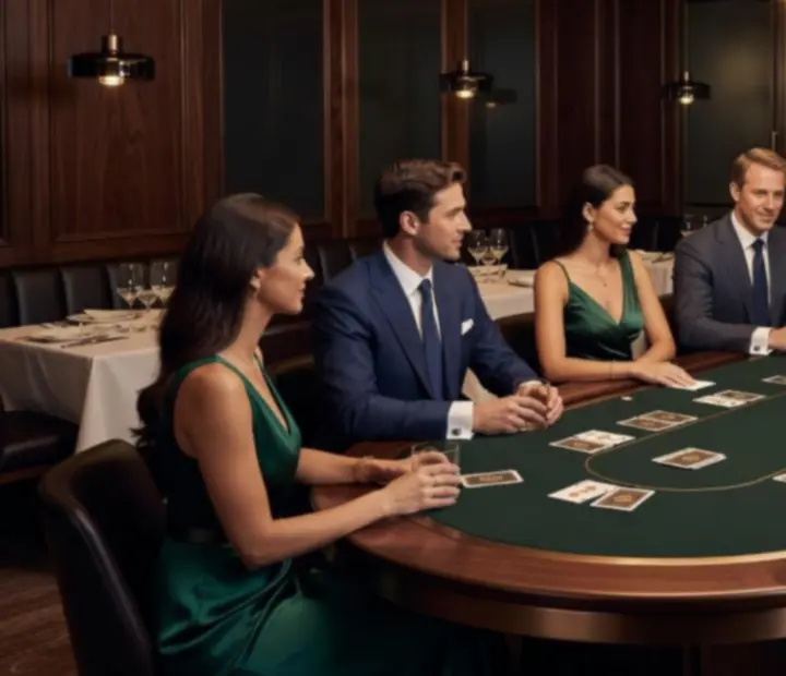 Elegant poker lounge evening with guests seated around a sophisticated poker table