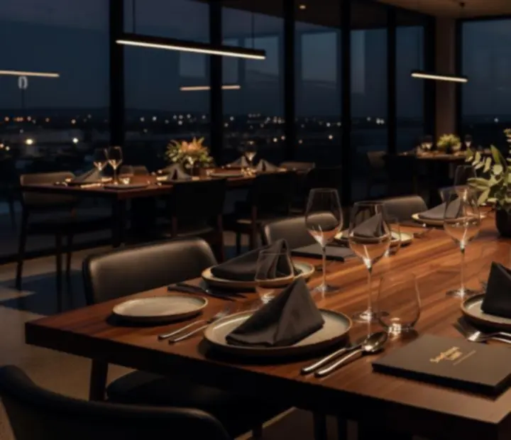 Cinematic evening at TheKitchenTablle with guests dining and refined poker entertainment