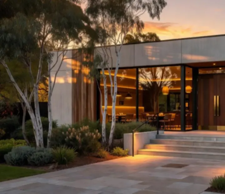 Exterior of TheKitchenTablle restaurant at dusk with warm lighting and city ambience