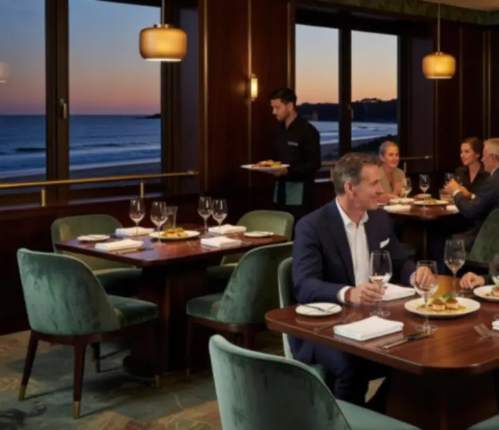 Cinematic Australian restaurant interior with guests dining by warm architectural lighting