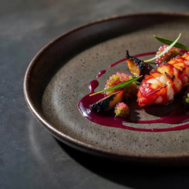 Close-up of a seasonal Australian tasting plate with artistic plating in warm moody light
