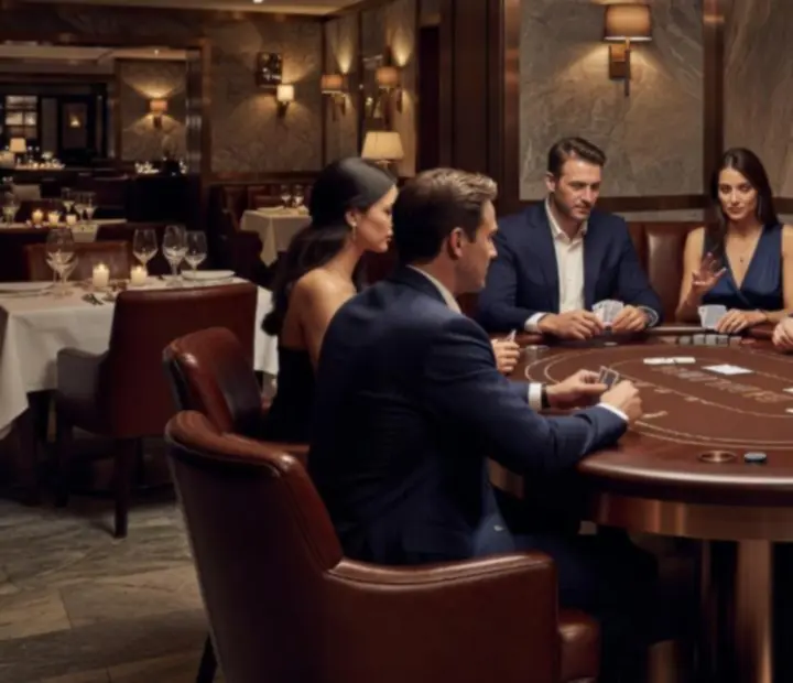 Guests enjoying a sophisticated, entertainment-only poker night at an elegant walnut poker table.